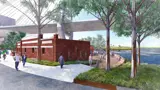 Artist's impression of people walking around Bank Street Park with the Anzac Harbour Bridge in backdrop