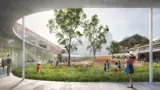 Artist's impression of adults and children in the outdoor courtyard garden at the refurbished Powerhouse Ultimo Museum