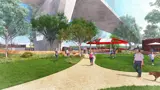 Artist's impression of people walking around Bank Street Park under the Anzac Harbour Bridge